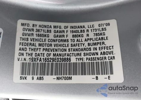 2009 Honda Civic Lx z USA, uszkodzony, nr VIN 19XFA16529E039886